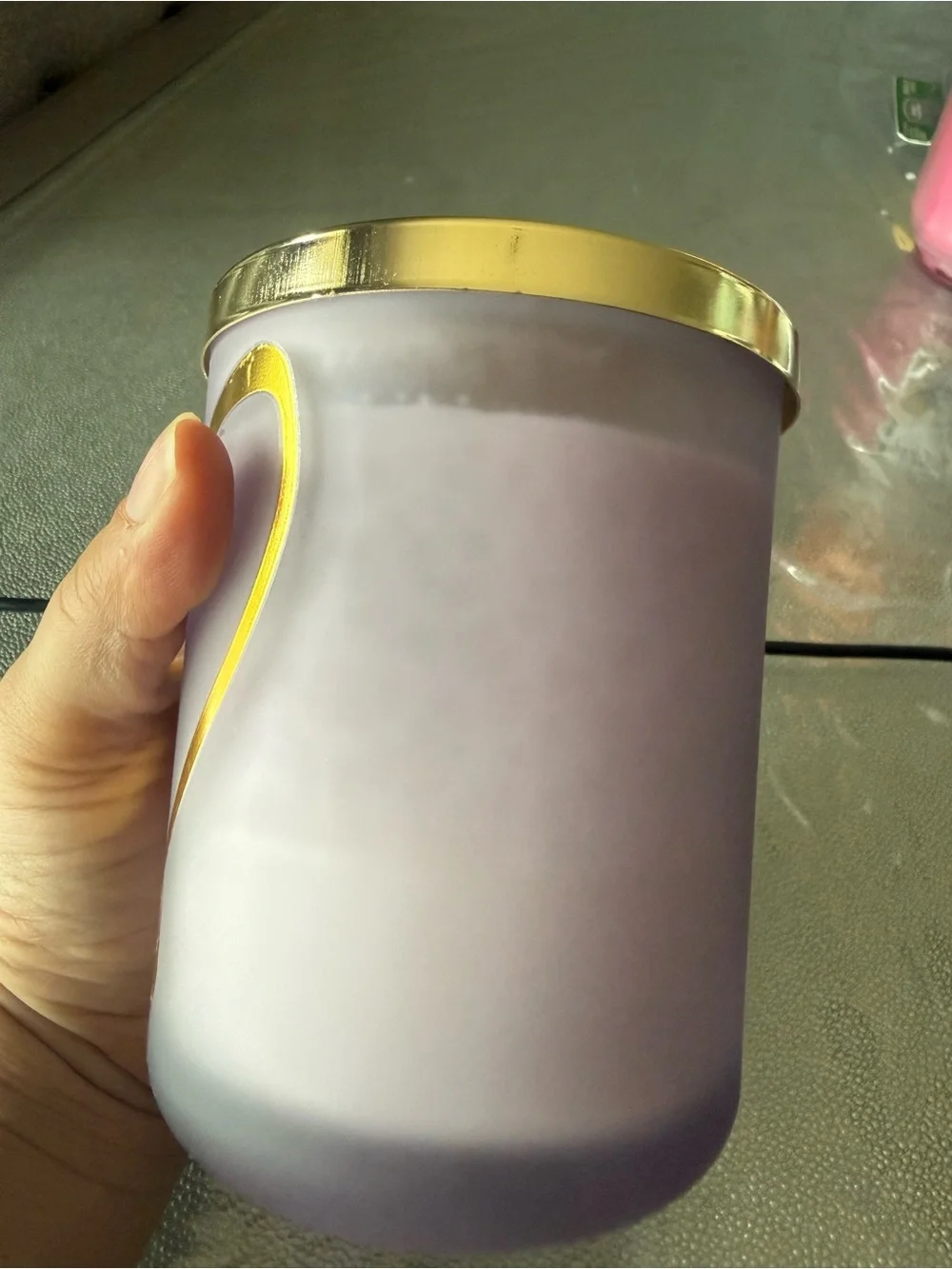 Lavender Frosted Glass Candle Holder with Gold Heart Accent